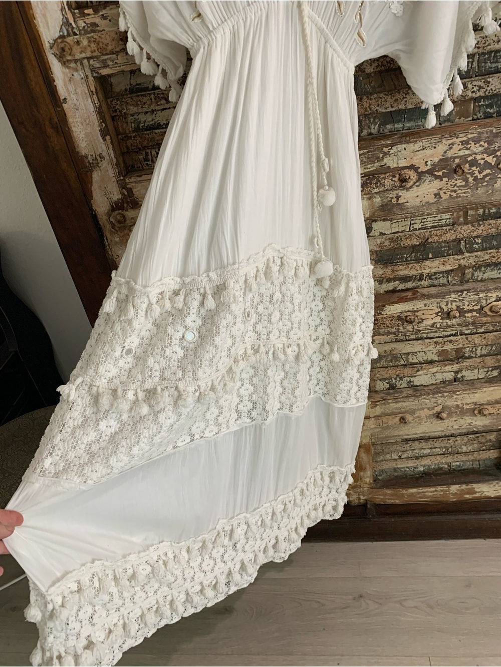 Buby.S Boho White Cotton Maxi Peasant Dress, Embroidered Tiered Mirrors Tassel S - Picture 2 of 10